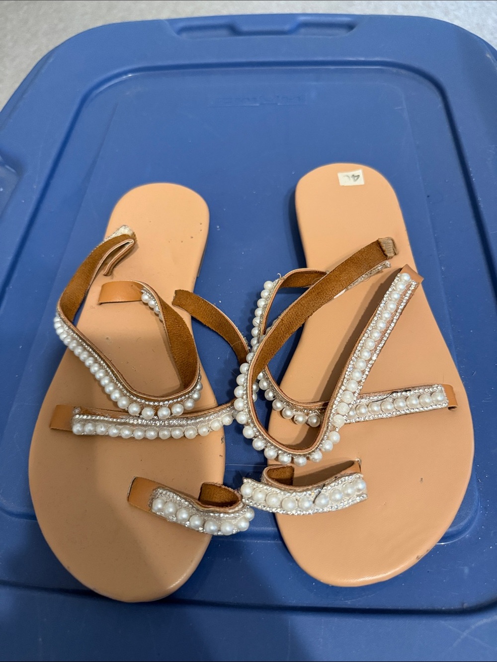 Pearl-Embellished Tan Women’s Sandals